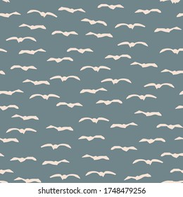Seamless background flying bird gender neutral baby pattern. Simple whimsical minimal earthy 2 tone color. Kids nursery wallpaper or boho animal fashion all over print