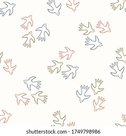 Seamless background flying bird gender neutral baby pattern. Simple whimsical minimal earthy 2 tone color. Kids nursery wallpaper or boho animal fashion all over print