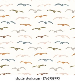 Seamless background flying bird gender neutral baby pattern. Simple whimsical minimal earthy 2 tone color. Kids nursery wallpaper or boho animal fashion all over print