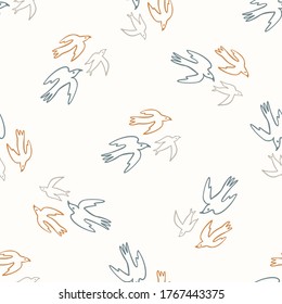 Seamless background flying bird gender neutral baby pattern. Simple whimsical minimal earthy 2 tone color. Kids nursery wallpaper or boho animal fashion all over print