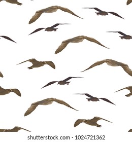Seamless Background, Flying Birds Gulls, Tile Pattern Isolated on White Background. Vector
