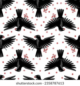 Seamless background with flying black birds and red berries. Vintage stylized drawing. Vector illustration