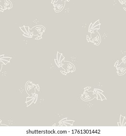 Seamless background flying dragon reptile gender neutral baby pattern. Simple whimsical minimal earthy 2 tone color. Kids nursery wallpaper or boho cartoon animal fashion all over print.