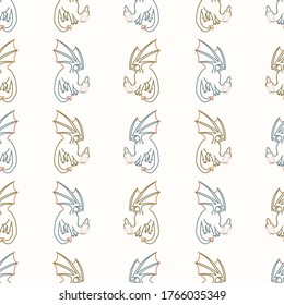 Seamless background flying dragons gender neutral baby pattern. Simple whimsical minimal earthy 2 tone color. Kids nursery wallpaper or boho cartoon animal fashion all over print.