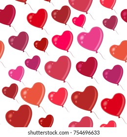 Seamless Background with Flying Heart Shaped Balloons, Isolated on White, Colorful Tile Pattern for Your Design. Vector