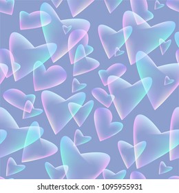 Seamless background with flying hearts.Transparent elements on blue background. Vector symbols of love in shape of heart for Happy Women's, Mother's, Valentine's Day, birthday greeting card design.