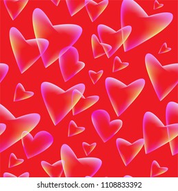 Seamless background with flying hearts.Transparent elements on red background. Vector symbols of love in shape of heart for Happy Women's, Mother's, Valentine's Day, birthday greeting card design.