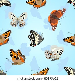 Seamless background of flying moths. The illustration on white background.