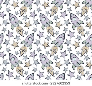 Fondo incomparable con cohete volador y estrellas. 
