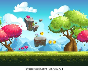 Seamless background flying rocks and colorful trees in the forest against the backdrop of the mountains