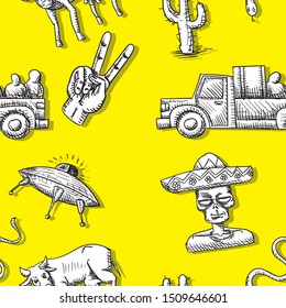 seamless background of flying saucer alien cow van cactus snake arm on a yellow background. Drawn with a Doodle pen. Vector image esp 10