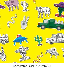 seamless background of flying saucer alien cow cactus snake arm on a yellow background. Drawn with a Doodle pen. Vector image esp 10