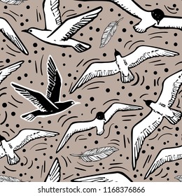Seamless background with flying Sea Bird and Seagull Vector Illustration.