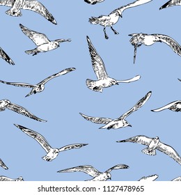 Seamless background of the flying seagulls