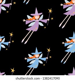 Seamless background of flying young witches