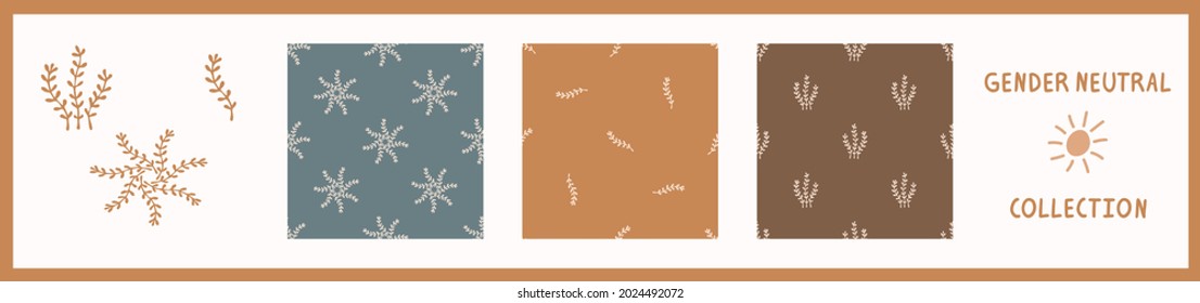 Seamless background foliage plant set of 3 patterns with motif. Whimsical minimal earthy 2 tone color. kids nursery wallpaper or boho cartoon pet fashion all over print.