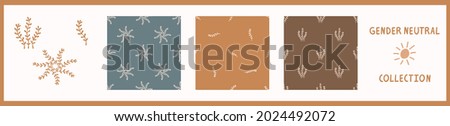 Seamless background foliage plant set of 3 patterns with motif. Whimsical minimal earthy 2 tone color. kids nursery wallpaper or boho cartoon pet fashion all over print.