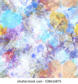 Seamless background with foliage and stains. Like leaves in ice. Watercolor effect. Blue, yellow, white, grey, violet.
