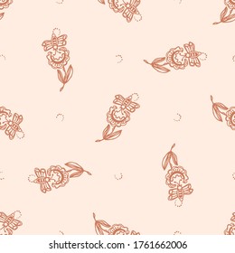 Seamless background folk art bee on flower gender neutral baby pattern. Simple whimsical earthy 2 tone color. Kids nursery wallpaper or boho floral nature fashion all over print