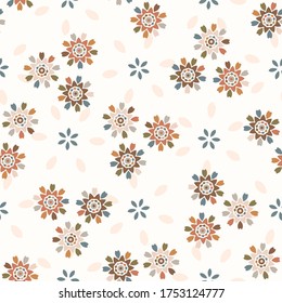  Seamless background folk art flower gender neutral baby pattern. Simple whimsical minimal earthy 2 tone color. Kids nursery wallpaper or boho floral nature fashion all over print