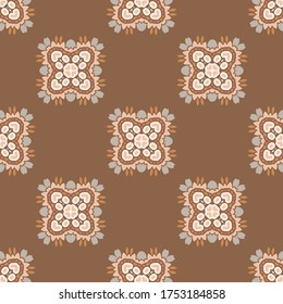 
Seamless background folk art flower gender neutral baby pattern. Simple whimsical minimal earthy 2 tone color. Kids nursery wallpaper or boho floral nature fashion all over print