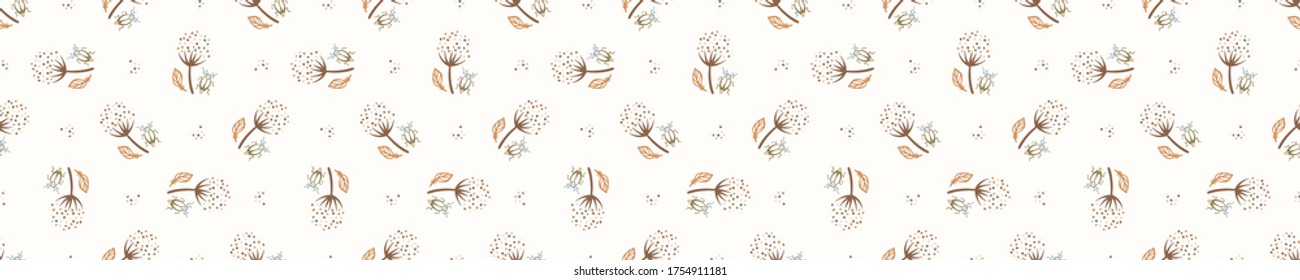 Seamless background folk flower banner. Gender neutral baby border pattern. Simple whimsical minimal earthy 2 tone color. Kids nursery edging or boho nature fashion ribbon trim.