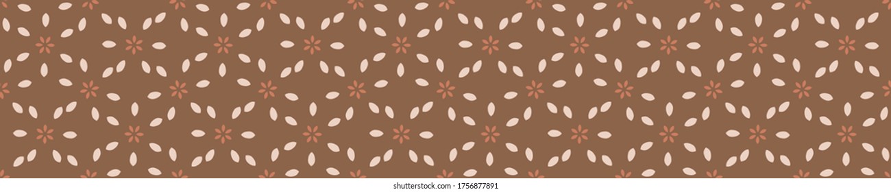 Seamless background folk flower banner. Gender neutral baby border pattern. Simple whimsical minimal earthy 2 tone color. Kids nursery edging or boho nature fashion ribbon trim.