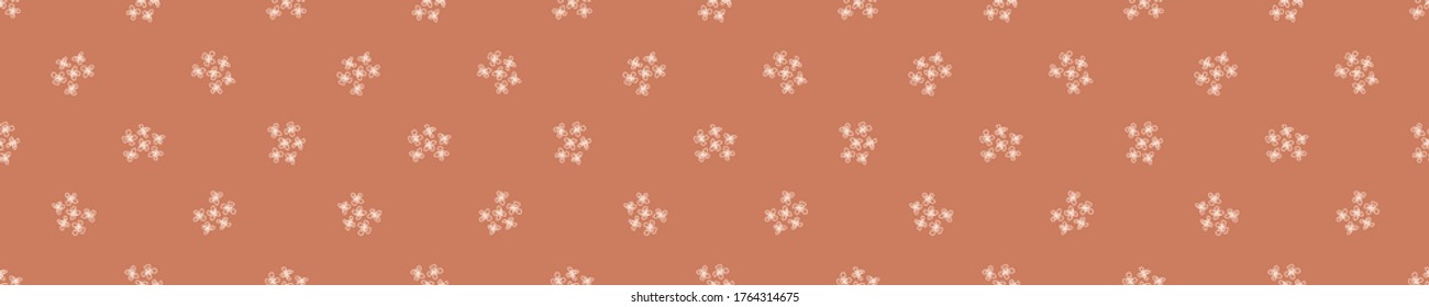 Seamless background folk flower banner. Gender neutral baby border pattern. Simple whimsical minimal earthy 2 tone color. Kids nursery edging or boho nature fashion ribbon trim.