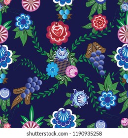 Seamless background with folk Russian patterns is computer graphics and can be used in the design of textiles, in the printing industry, in a variety of design projects