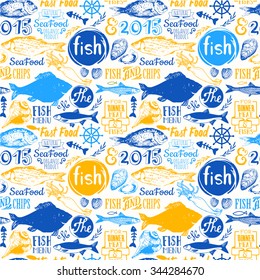 Seamless background with food, fish, lettering and labels. Pattern. Funny colorful. Decorative elements for your packing design.