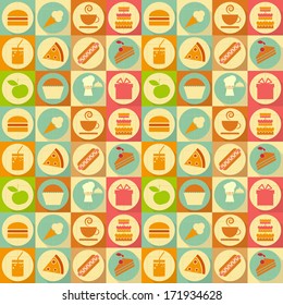 Seamless Background - Food Labels in Retro Style - Flat Design. Vector Illustrations 