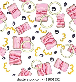 seamless background, food, salad, vector, vegetables, meat