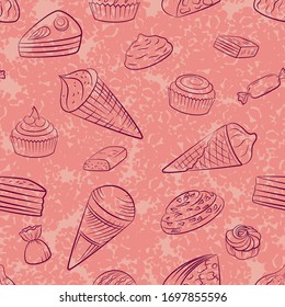 Seamless Background, Food, Sweets Contours, Pink Wallpaper with Tile Pattern. Vector