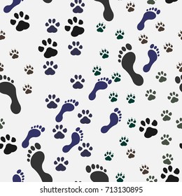 Seamless background with footprint of cat and dog and man. Vector illustration. Eps 10.