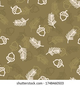 
Seamless background forest acorn gender neutral baby pattern. Simple whimsical minimal earthy 2 tone color. Kids nursery wallpaper or boho woodland nature fashion all over print.