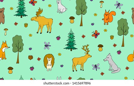 seamless background, forest, animals, trees, mushrooms, flowers, deer, Fox, squirrel, hedgehog, hare
