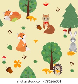 Seamless background with forest animals in the forest. Vector illustration.