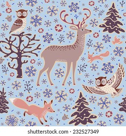 Fundo perfeito com animais da floresta. Padrão de inverno. Corujas, veados, raposas, esquilos, aves, árvores e flocos de neve.