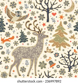 Seamless background with forest animals. Woodland Christmas pattern. Owl, deer, squirrel, birds, trees and snowflakes.