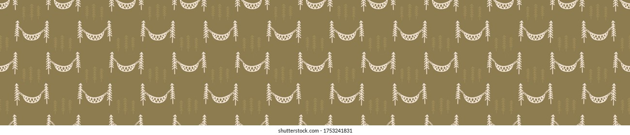 
Seamless background forest hammock banner. Gender neutral baby border pattern. Simple whimsical minimal earthy 2 tone color. Kids nursery edging or boho camping fashion ribbon trim.