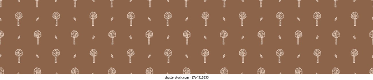 Seamless background forest tree  banner. Gender neutral baby border pattern. Simple whimsical minimal earthy 2 tone color. Kids nursery edging or boho camping fashion ribbon trim.