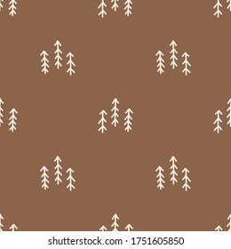 Seamless Background Forest Trees Gender Neutral Baby Pattern. Simple Whimsical Minimal Earthy 2 Tone Color. Kids Nursery Wallpaper Or Boho Woodland Nature Fashion All Over Print.