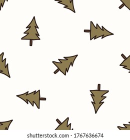 Seamless background forest trees gender neutral baby pattern. Simple whimsical minimal earthy 2 tone color. Kids nursery wallpaper or boho woodland nature fashion all over print.