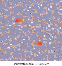 Seamless background in the form of an aquarium with algae and goldfish.