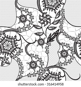 Seamless background is in the form of lace with decorative flowers and leaves