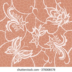 Seamless background is in the form of lace with decorative flowers, leaves and butterfly