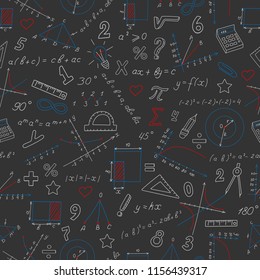 Seamless background with formulas and charts on the topic of mathematics and education, colored chalks on the dark school Board