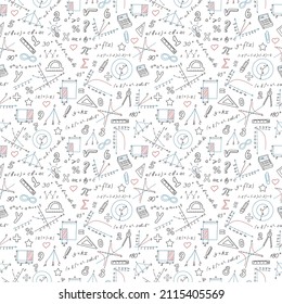 Seamless background with formulas and charts on the topic of mathematics and education, colored marker on white background