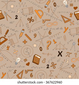 Seamless background with formulas and charts on the topic of mathematics and education, sepia