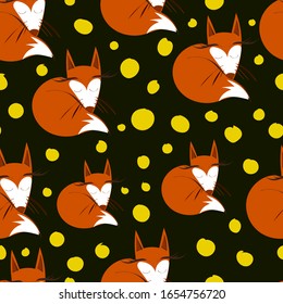 Seamless background fox and greens on a black background. fabric, fabric design, child's drawing, postcard
